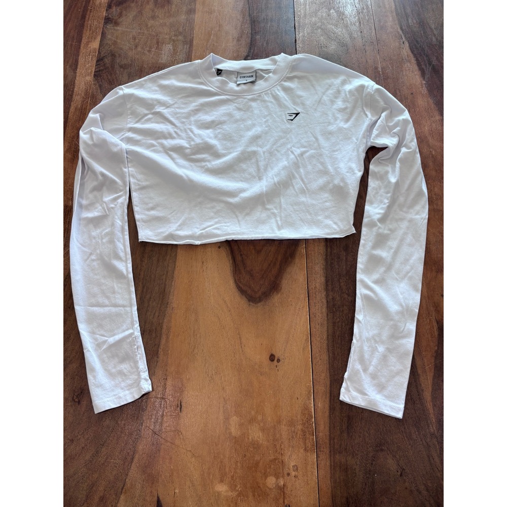 GYMSHARK crop top women size S white long sleeve raw hem athletic tee gym yoga